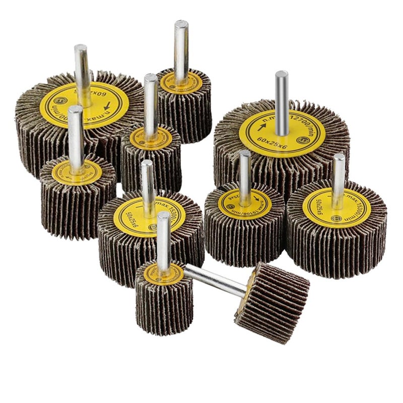 JUNLIXN 10 Pcs Abrasive Flap Wheels Sander, 1/4'' Shank Flap Wheel for Drill, Grinder, Rotary Tools (25/30/40/50/60mm) - Image 1